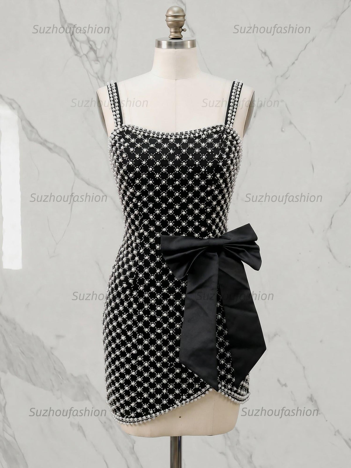 Suzhoufashion White Pearl Lattice Short Homecoming Dress with Satin Bow