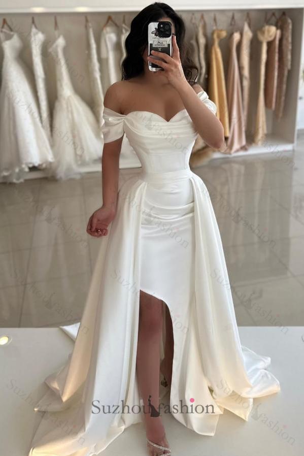 White Prom Dress A Line Sweetheart Off The Shoulder Sleeveless Simple Satin Formal Dress