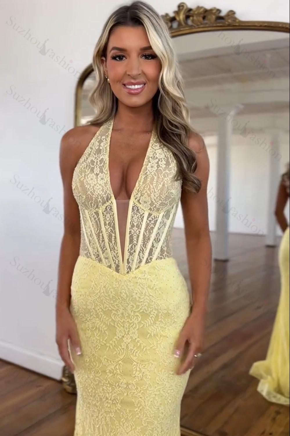 White Prom Dress Lace Mermaid Deep V-Neck Halter Corset Long Formal Dress