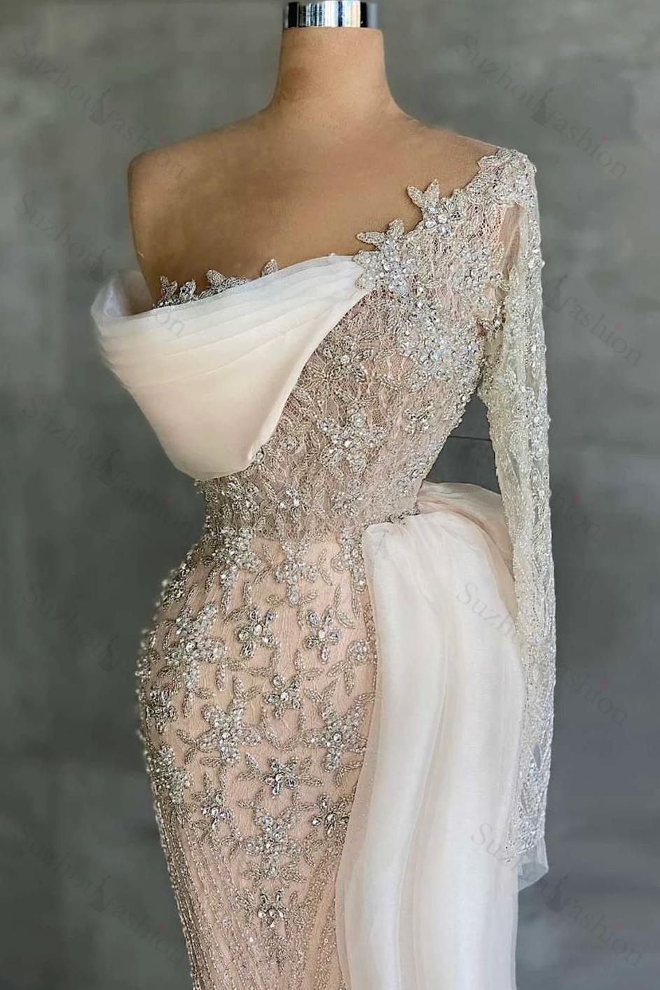 White Prom Dress Long Sleeve Mermaid Appliques Evening Formal Dress Beaded With Ruffles