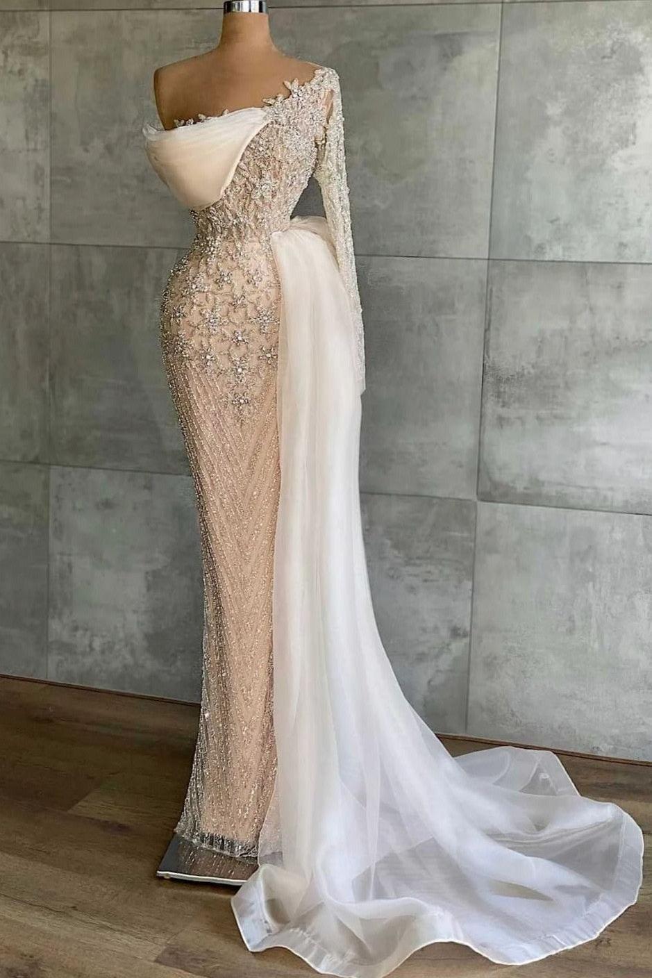 White Prom Dress Long Sleeve Mermaid Appliques Evening Formal Dress Beaded With Ruffles