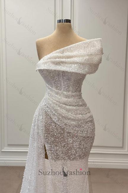 White Prom Dress Mermaid One Shoulder Sleeveless Sequined Panel Train Tulle Formal Dress With Slit