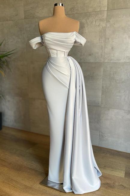White Prom Dress Mermaid Strapless Off The Shoulder Satin Panel Train Formal Dress