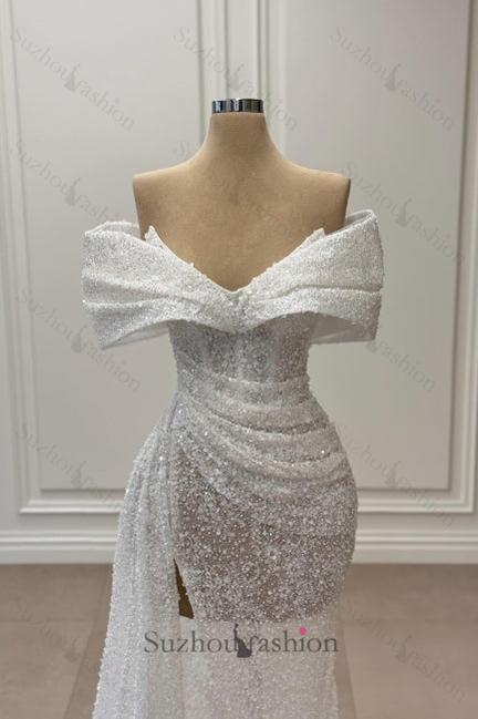 White Prom Dress Mermaid Strapless Sequined Off The Shoulder Sleeveless Tulle Formal Dress With Slit