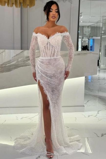White Prom Dress Mermaid Sweetheart Off The Shoulder Sequined Lace Formal Dress With Slit