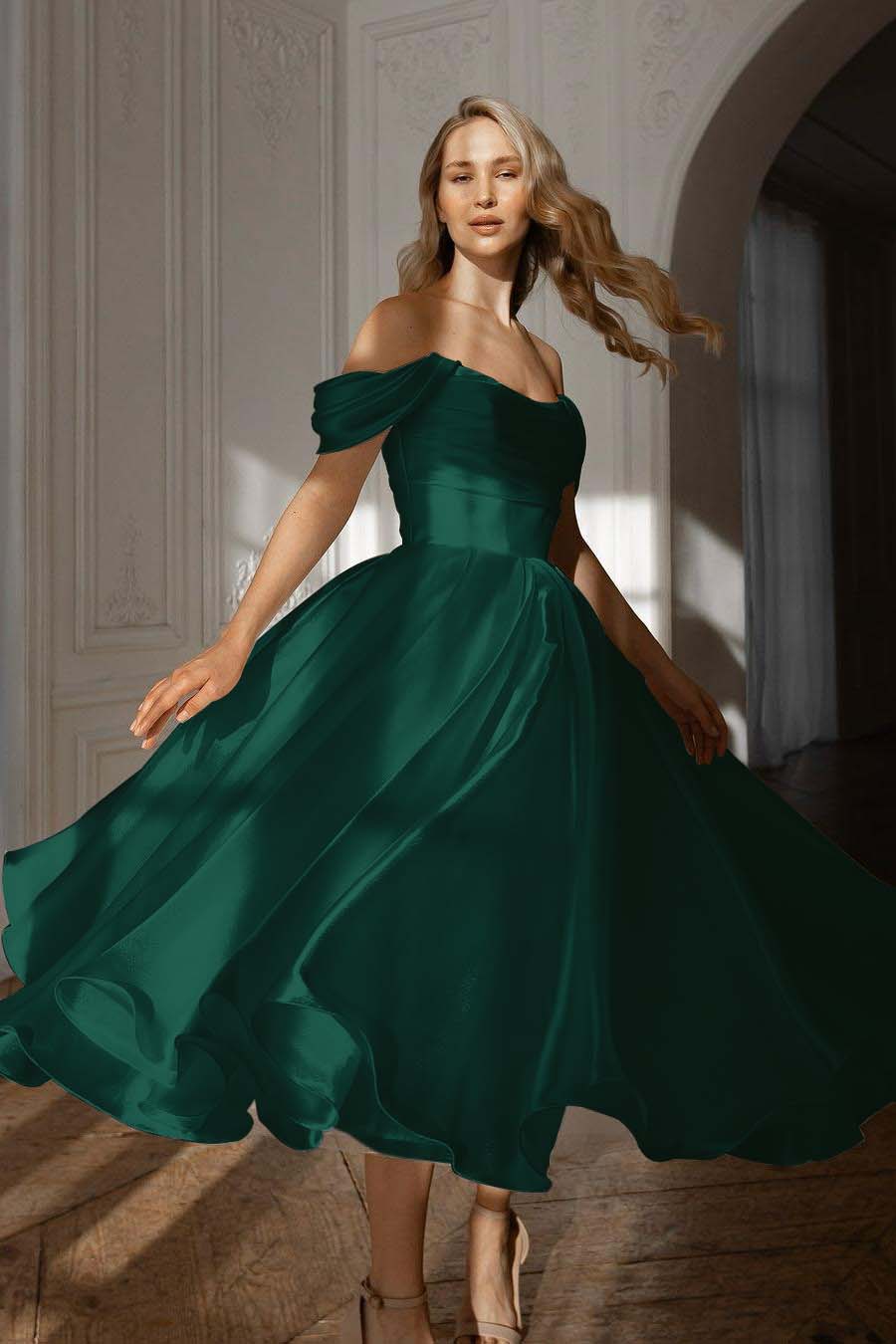 White Prom Dress Off the Shoulder Sleeveless Long Evening Formal Dress With Pleated