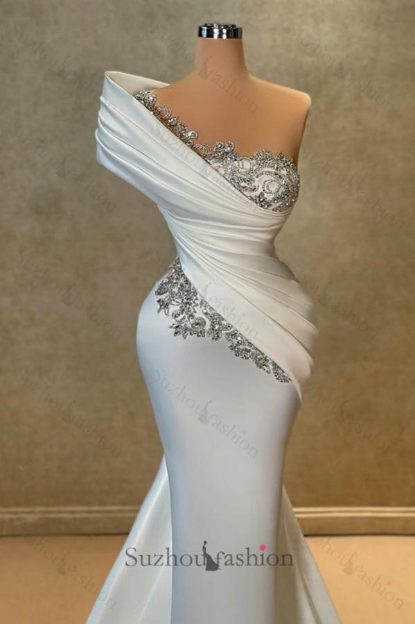 White Prom Dress One Shoulder Mermaid Lace Satin Formal Dress With Rhinestones