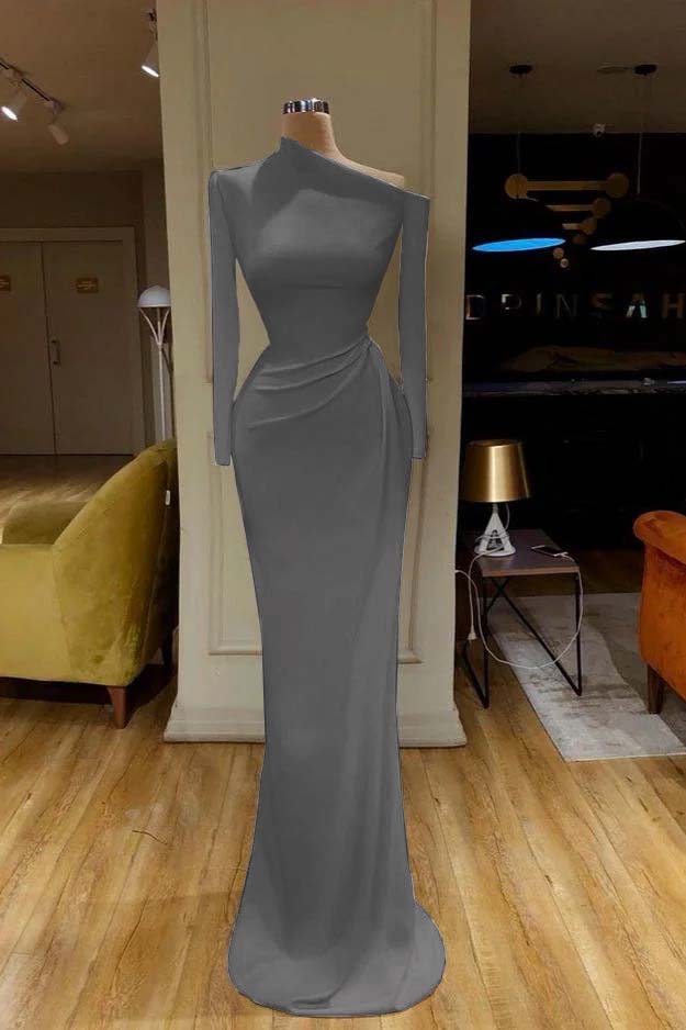 White Prom Dress One Shoulder Mermaid Long Sleeves Evening Formal Dress With Pleated