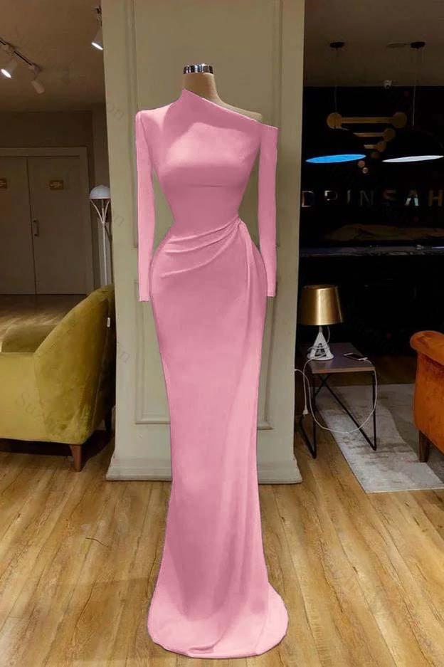 White Prom Dress One Shoulder Mermaid Long Sleeves Evening Formal Dress With Pleated