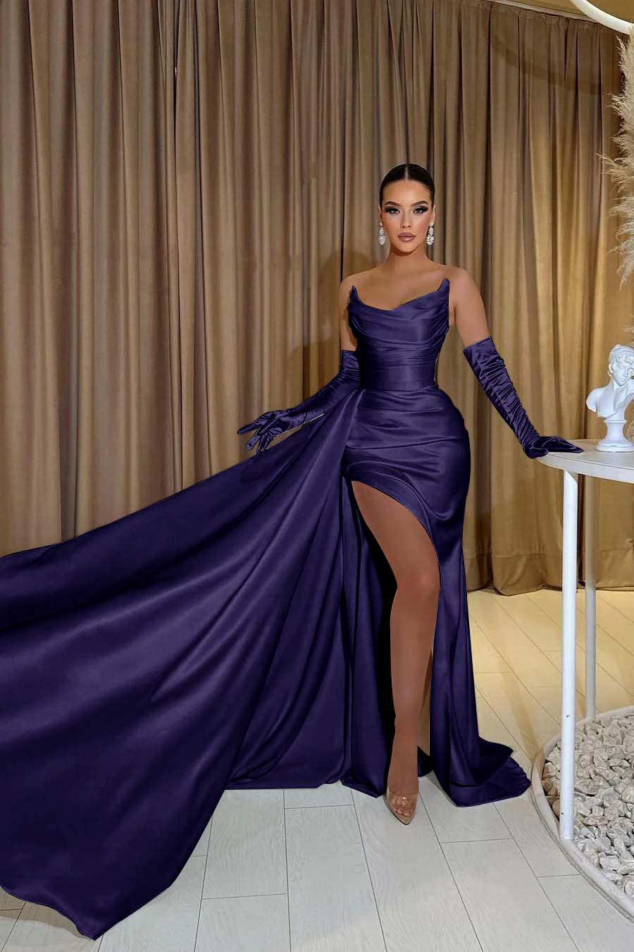 White Prom Dress Satin Strapless Split Mermaid Long Evening Formal Dress
