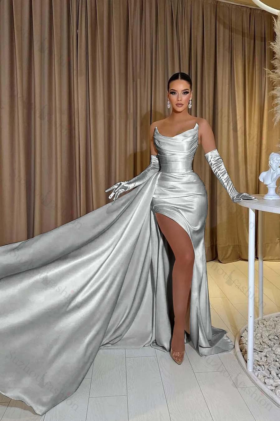 White Prom Dress Satin Strapless Split Mermaid Long Evening Formal Dress