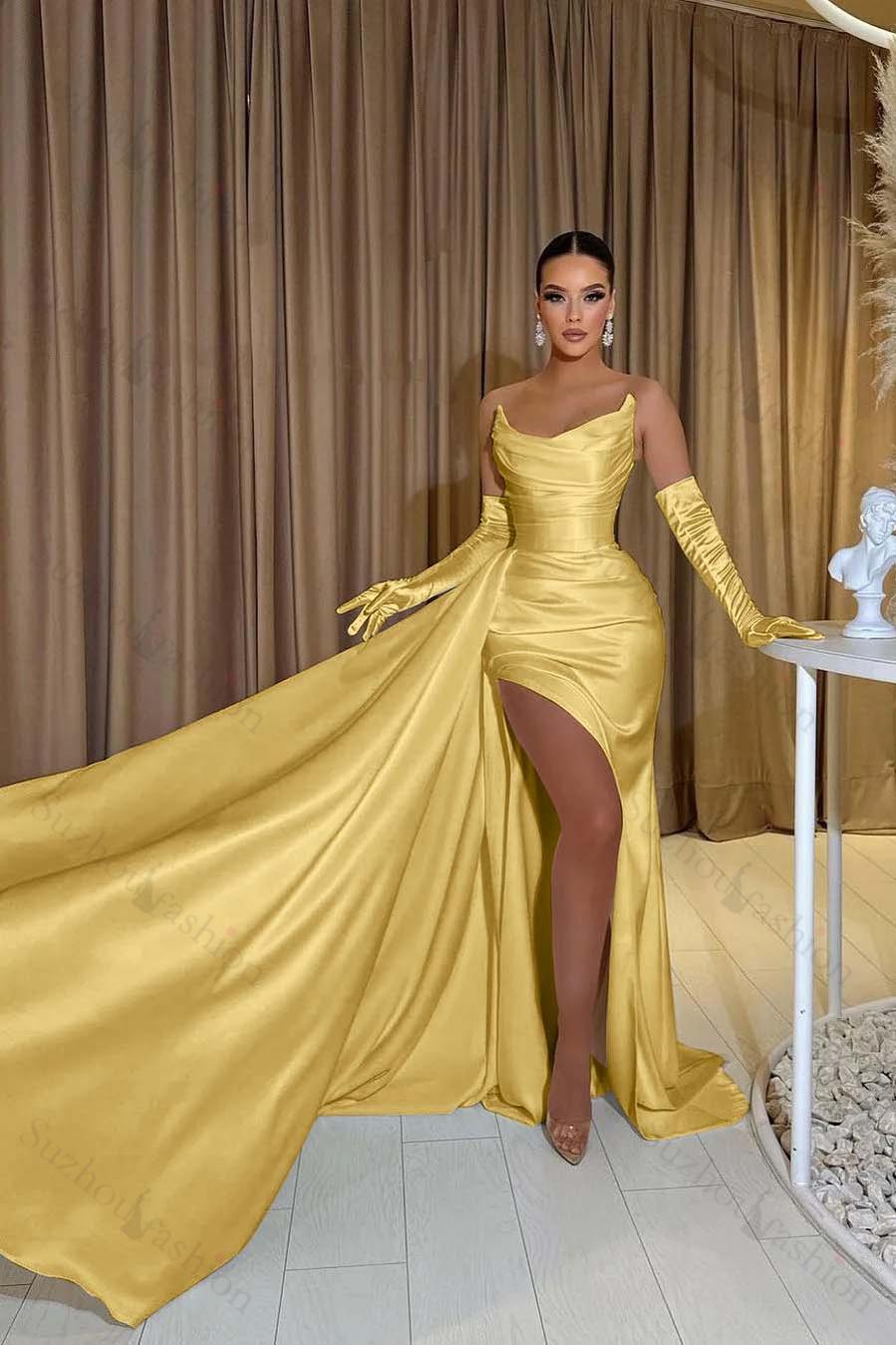 White Prom Dress Satin Strapless Split Mermaid Long Evening Formal Dress