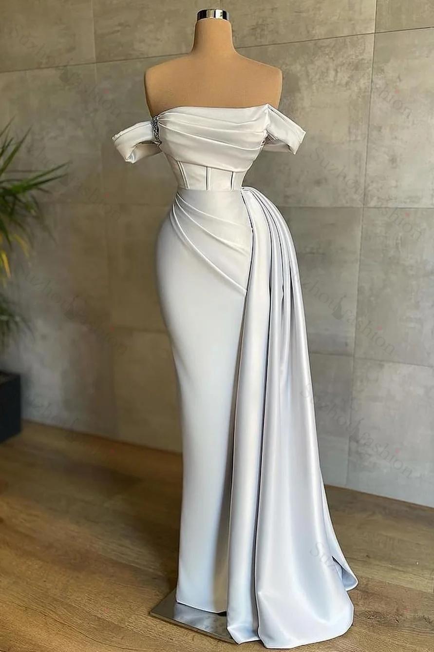 White Prom Dress Mermaid Strapless Off The Shoulder Satin Panel Train Formal Dress