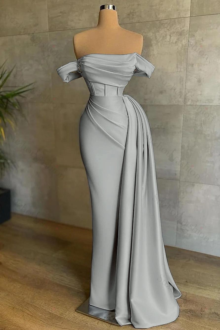 White Prom Dress Mermaid Strapless Off The Shoulder Satin Panel Train Formal Dress