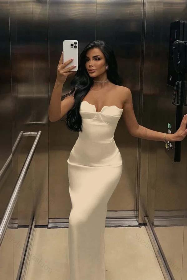 White Prom Dress Strapless Sleeveless Long Mermaid Evening Formal Dress With Pleated