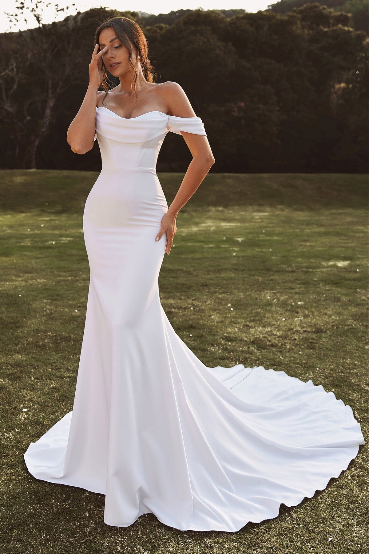 White Satin Mermaid Wedding Dress with Off-the-Shoulder Neckline and Cap Sleeves