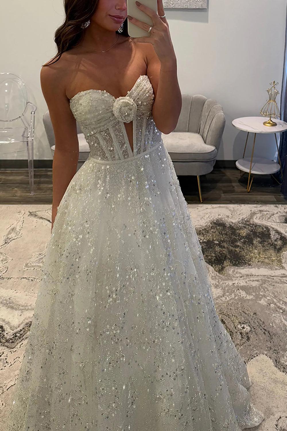 Suzhoufashion White Sequins Prom Dress Sweetheart A Line Corset Long Formal Dress With 3D Flower