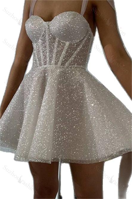 White Sequins Spaghetti Strap Sleeveless A Line Short Homecoming Dress