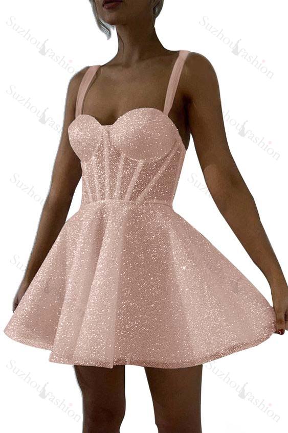 White Sequins Spaghetti Strap Sleeveless A Line Short Homecoming Dress