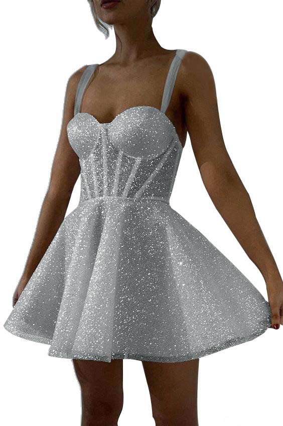 White Sequins Spaghetti Strap Sleeveless A Line Short Homecoming Dress