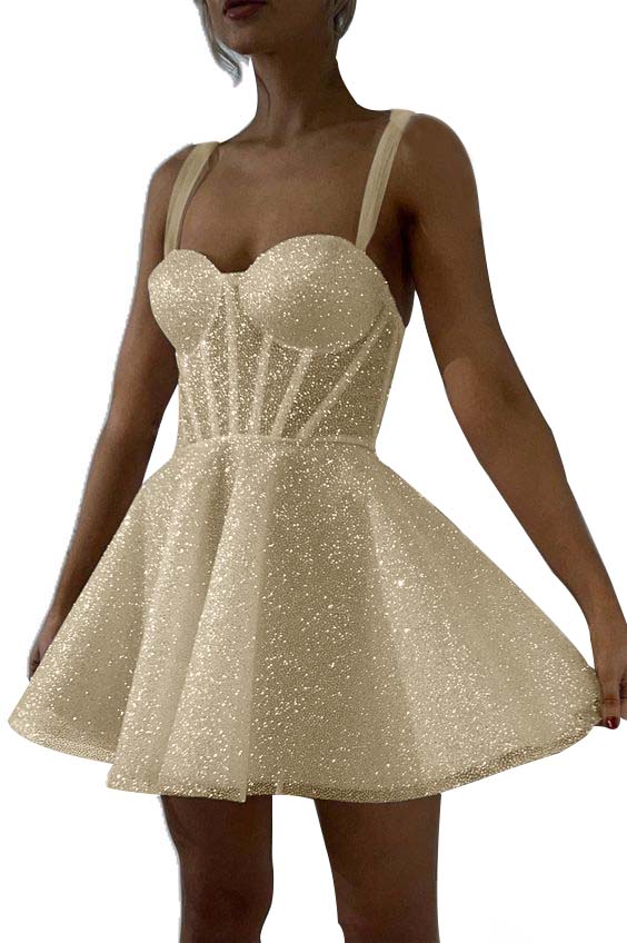 White Sequins Spaghetti Strap Sleeveless A Line Short Homecoming Dress