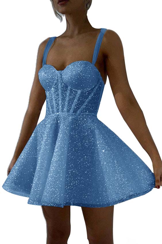 White Sequins Spaghetti Strap Sleeveless A Line Short Homecoming Dress