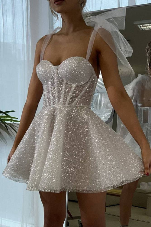White Sequins Spaghetti Strap Sleeveless A Line Short Homecoming Dress