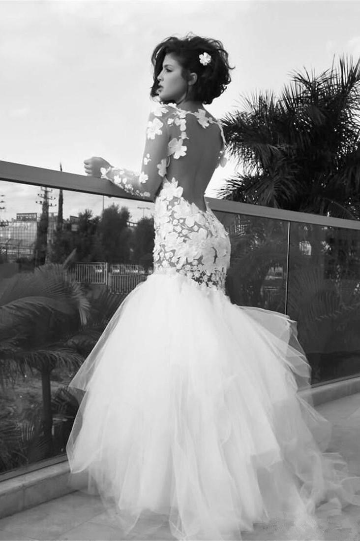 White Sexy Mermaid Tulle Long Bridal Gown Long Sleeve Backless Floor Length Wedding Dress