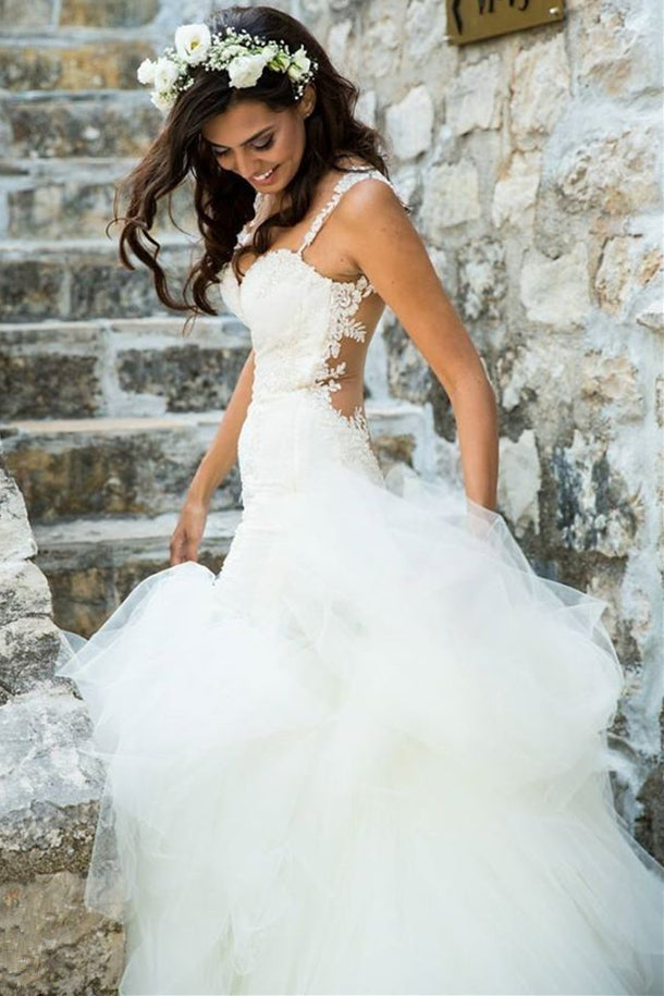 White Sexy Mermaid Tulle Long Bridal Gown Spaghetti Strap Open Back Lace Wedding Dress