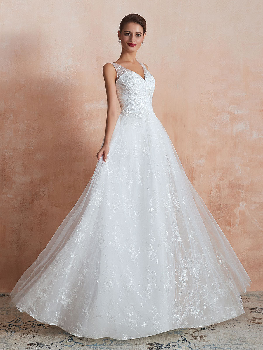 White Sleeveless V Neck Tulle Lace A-Line Wedding Dresses