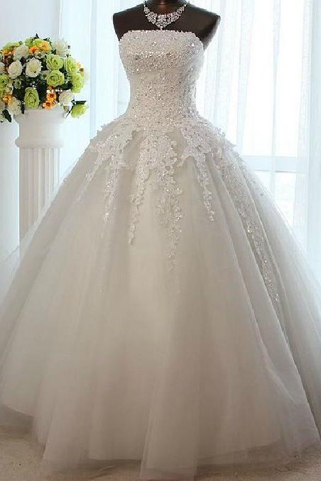 White Strapless Crystal Long Wedding Dress New Arrival Lace Floor Length Ball Gown Bridal Gown