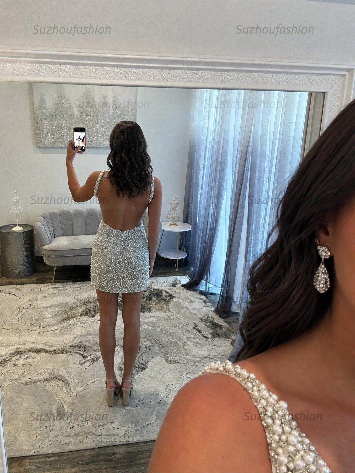 Suzhoufashion White V Neck Pearl Embellished Short Homecoming Dress