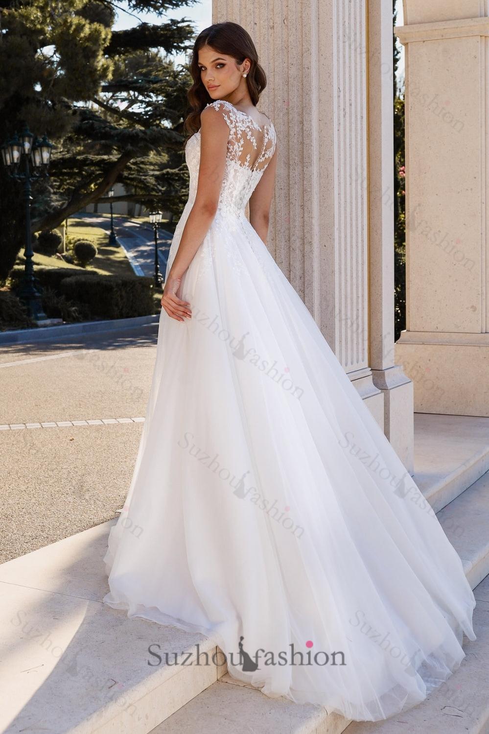 White Wedding Dress A Line Crew Sleeveless Lace Sweep Train Tulle Bridal Gown With Slit