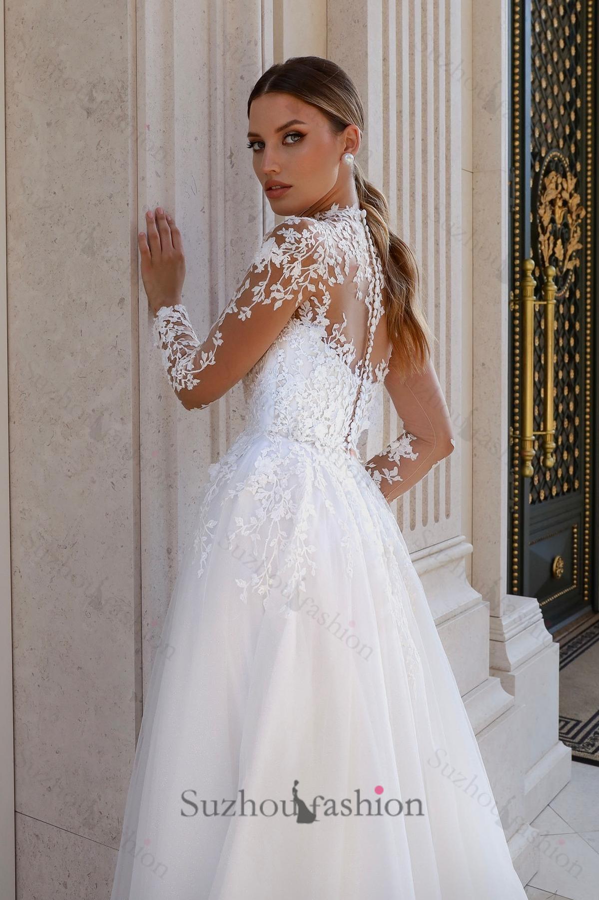 White Wedding Dress A Line Lace High Neck Long Illusion Sleeves Sweep Train Tulle Bridal Gown With Appliques