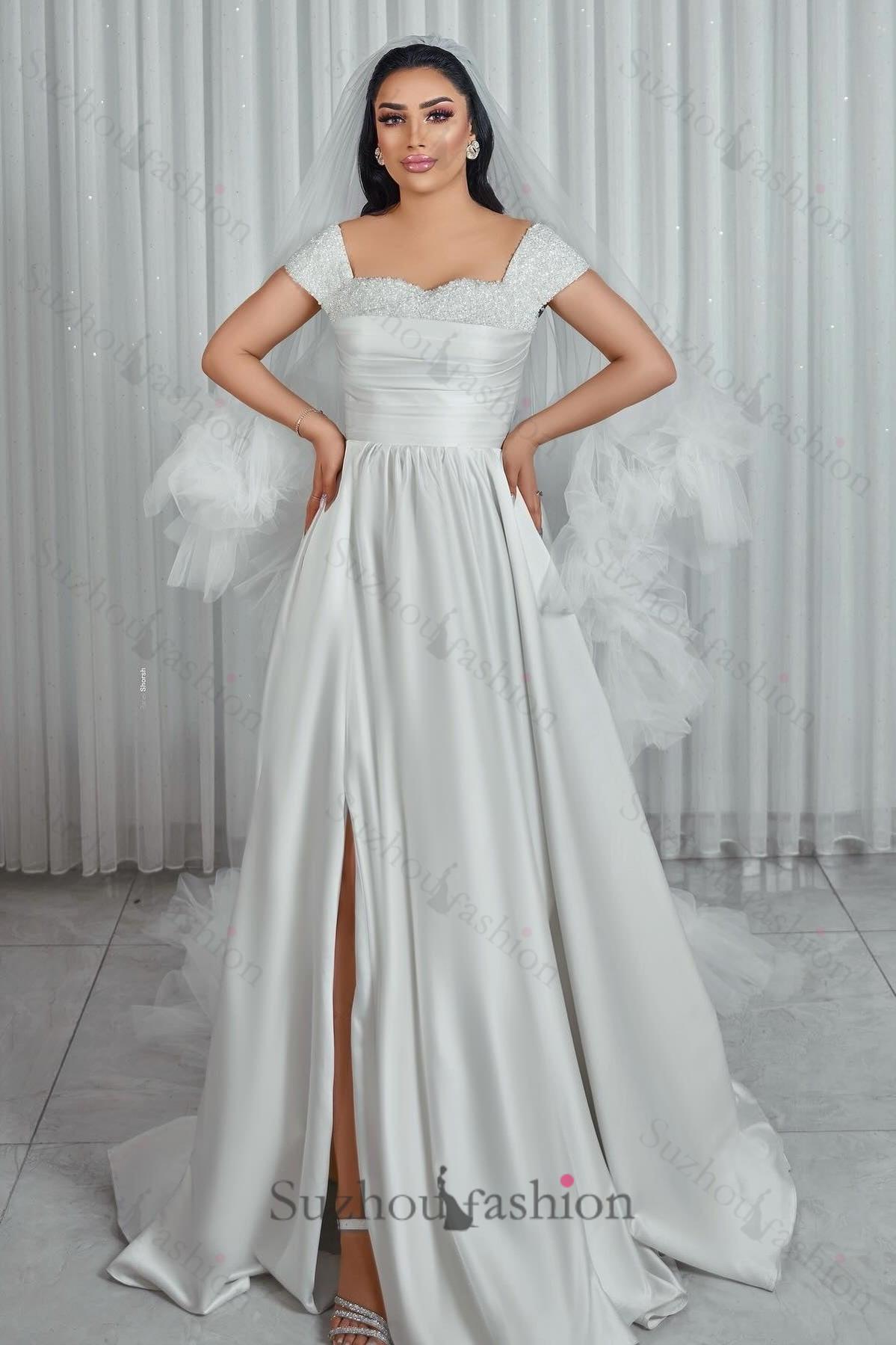 White Wedding Dress A Line Off The Shoulder Sleeveless Beaded Ruffle Long Satin Bridal Gown With Slit