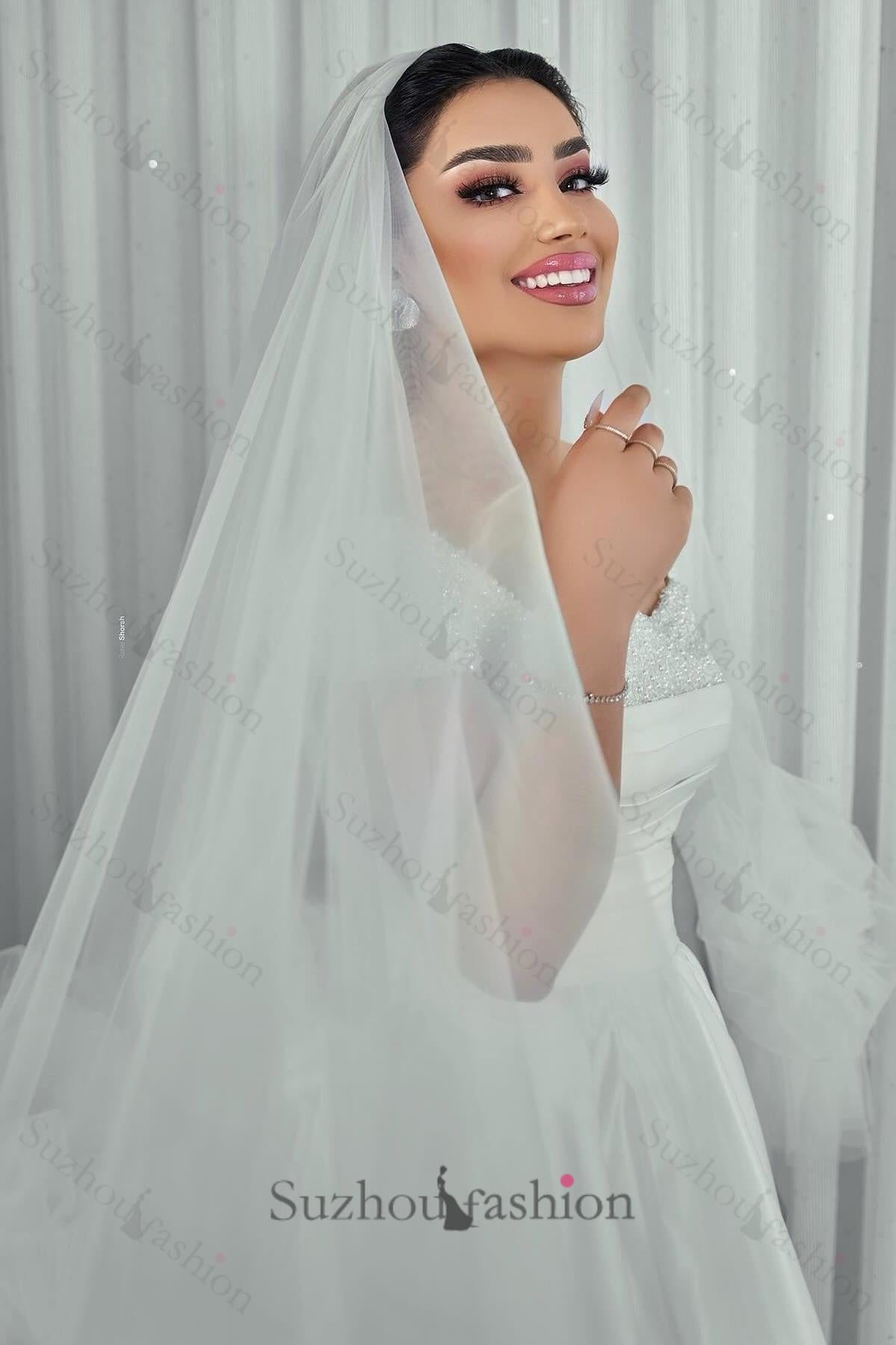 White Wedding Dress A Line Off The Shoulder Sleeveless Beaded Ruffle Long Satin Bridal Gown With Slit