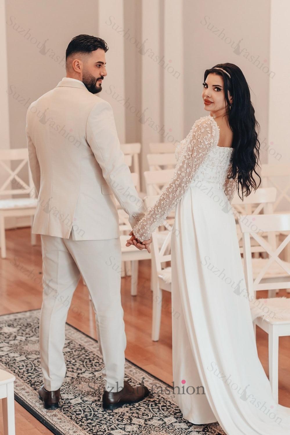 White Wedding Dress A Line Square Beaded Long Sleeves Ruffles Panel Train Satin Bridal Gown