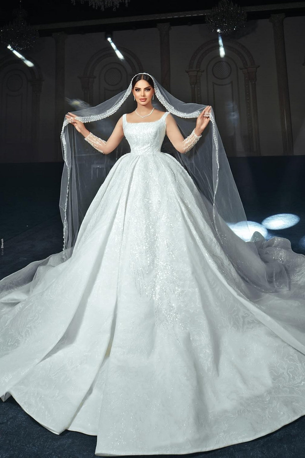 White Wedding Dress A Line Square Spaghetti Strap Beaded Illusion Sleeves Sequined Ball Gown Long Satin Bridal Gown With Ruffles