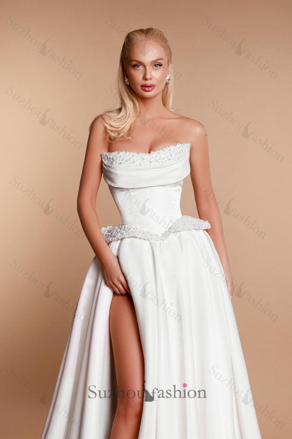 White Wedding Dress A Line Strapless Sleeveless Beaded Long Split Front Satin Bridal Gown With Pearls