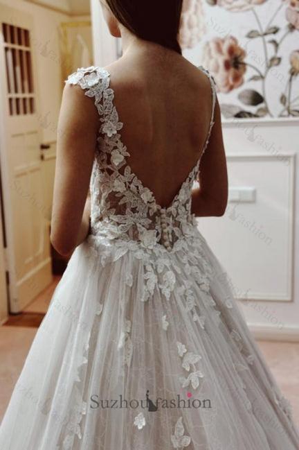 White Wedding Dress A Line V Neck Sleeveless Backless Lace Cathedral Train Bridal Gown With Appliques