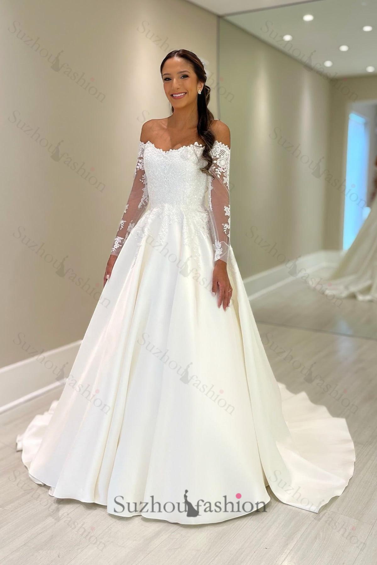 White Wedding Dress Ball Gown Off The Shoulder Lace Long Sleeves Chapel Train Satin Bridal Gown