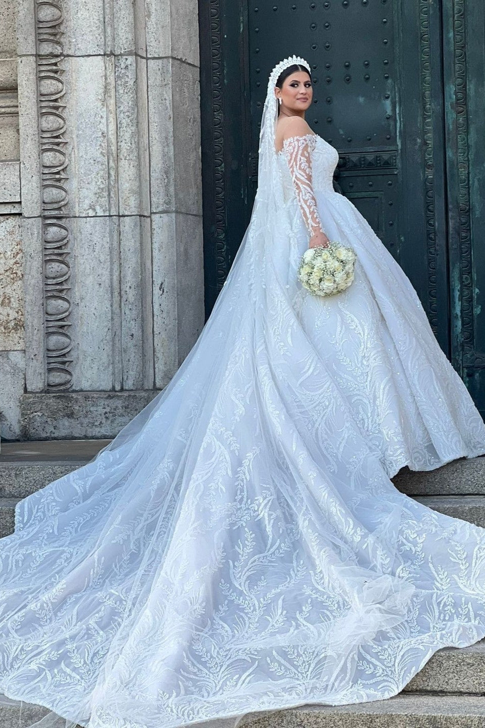 White Wedding Dress Ball Gown Off The Shoulder Long Sleeves Beaded Lace Cathedral Train Bridal Gown