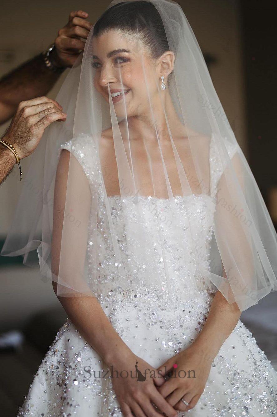 White Wedding Dress Ball Gown Square Spaghetti Straps Sleeveless Beaded Sequined Cathedral Train Bridal Gown