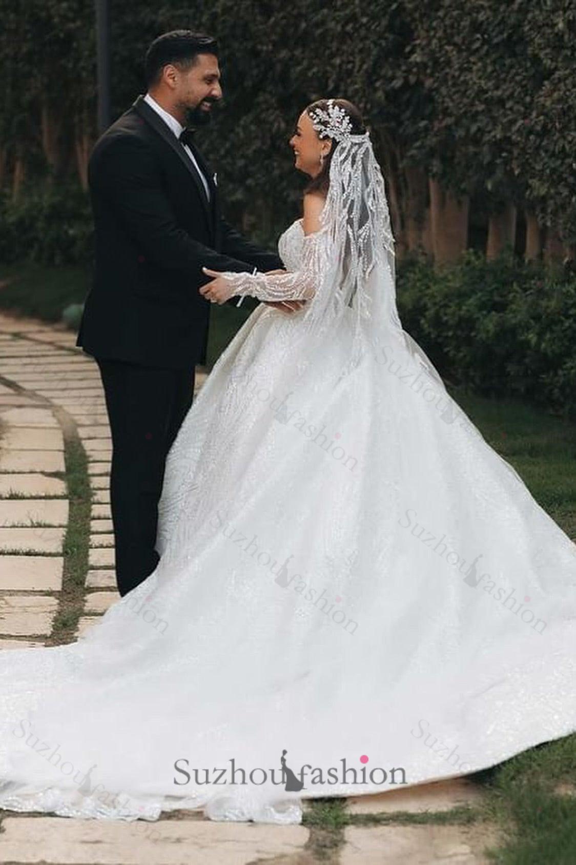 White Wedding Dress Ball Gown Strapless Sleeveless Sequined Cathedral Train Bridal Gown