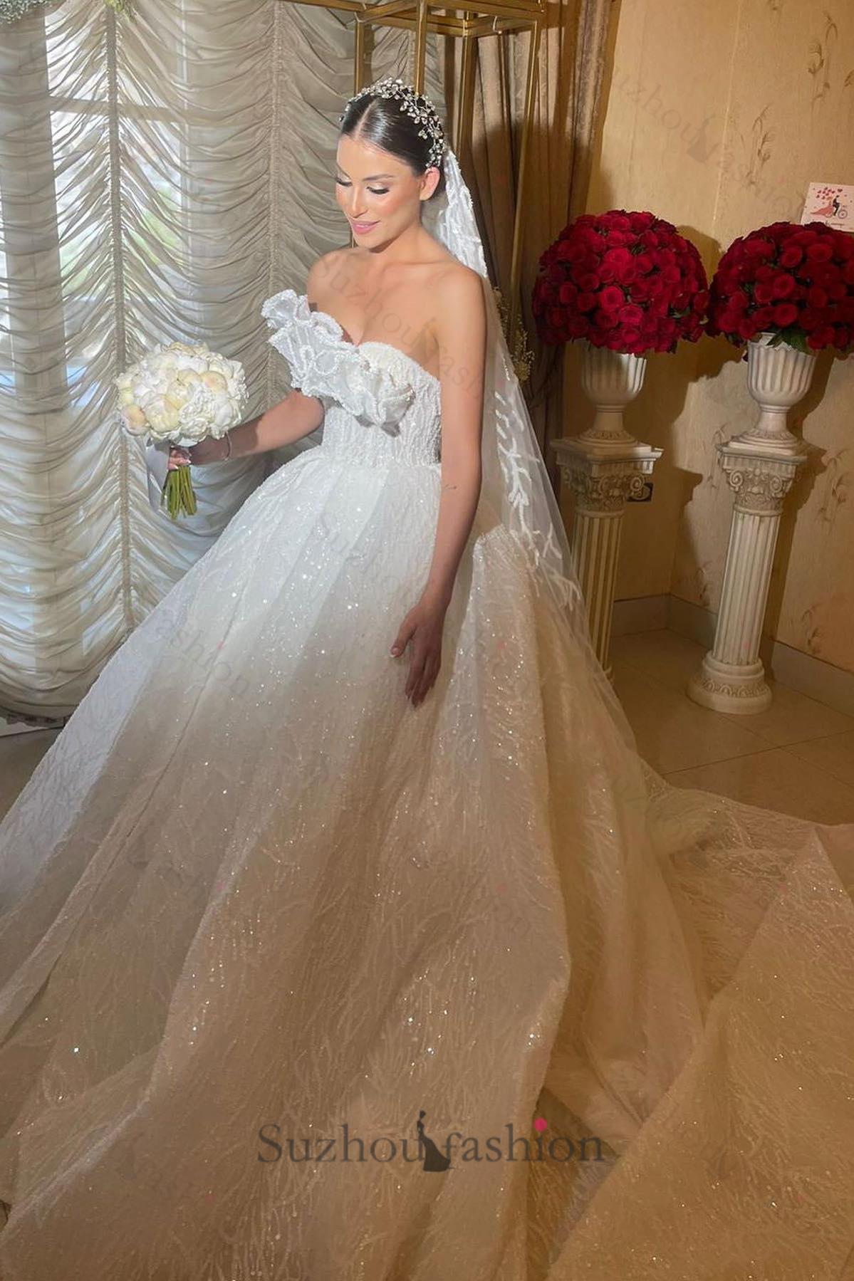 White Wedding Dress Lace Ball Gown Strapless Sleeveless Ruffles Sequined Cathedral Train Bridal Gown