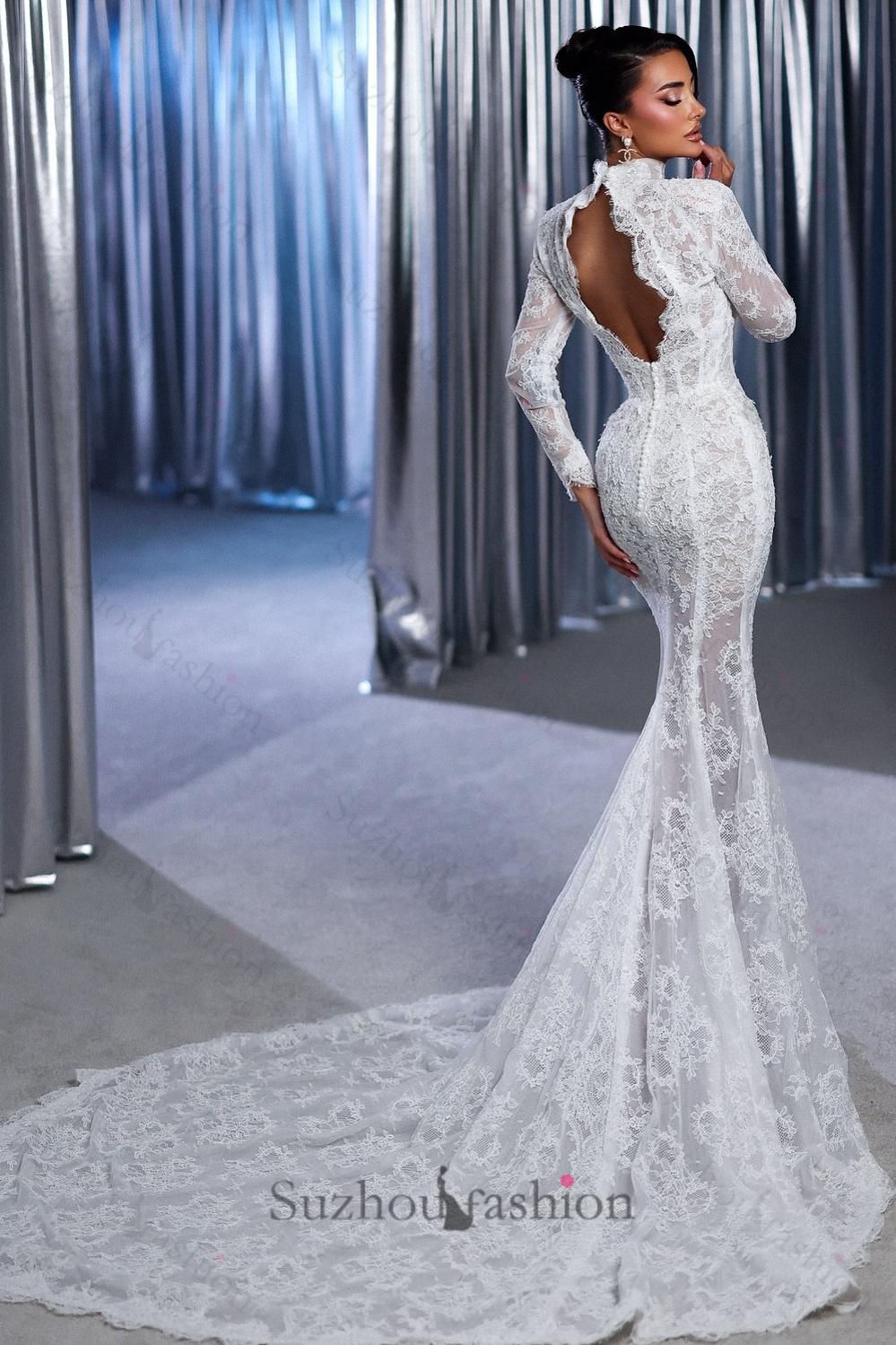 White Wedding Dress Lace Mermaid High Neck Long Sleeves Sweep Train Tulle Bridal Gown