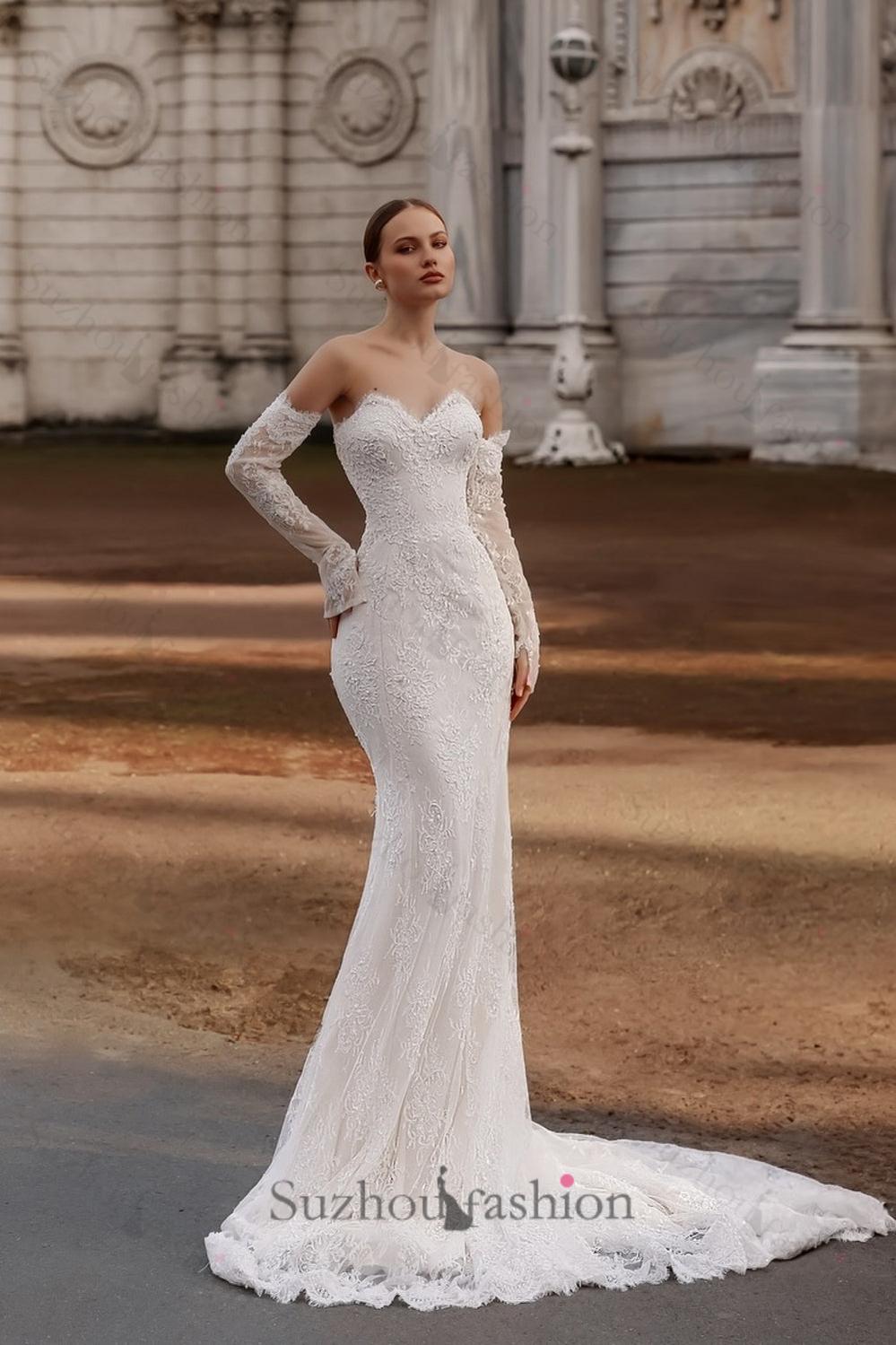 White Wedding Dress Lace Mermaid Strapless Sequined Sleeveless Panel Train Bridal Gown With Appliques