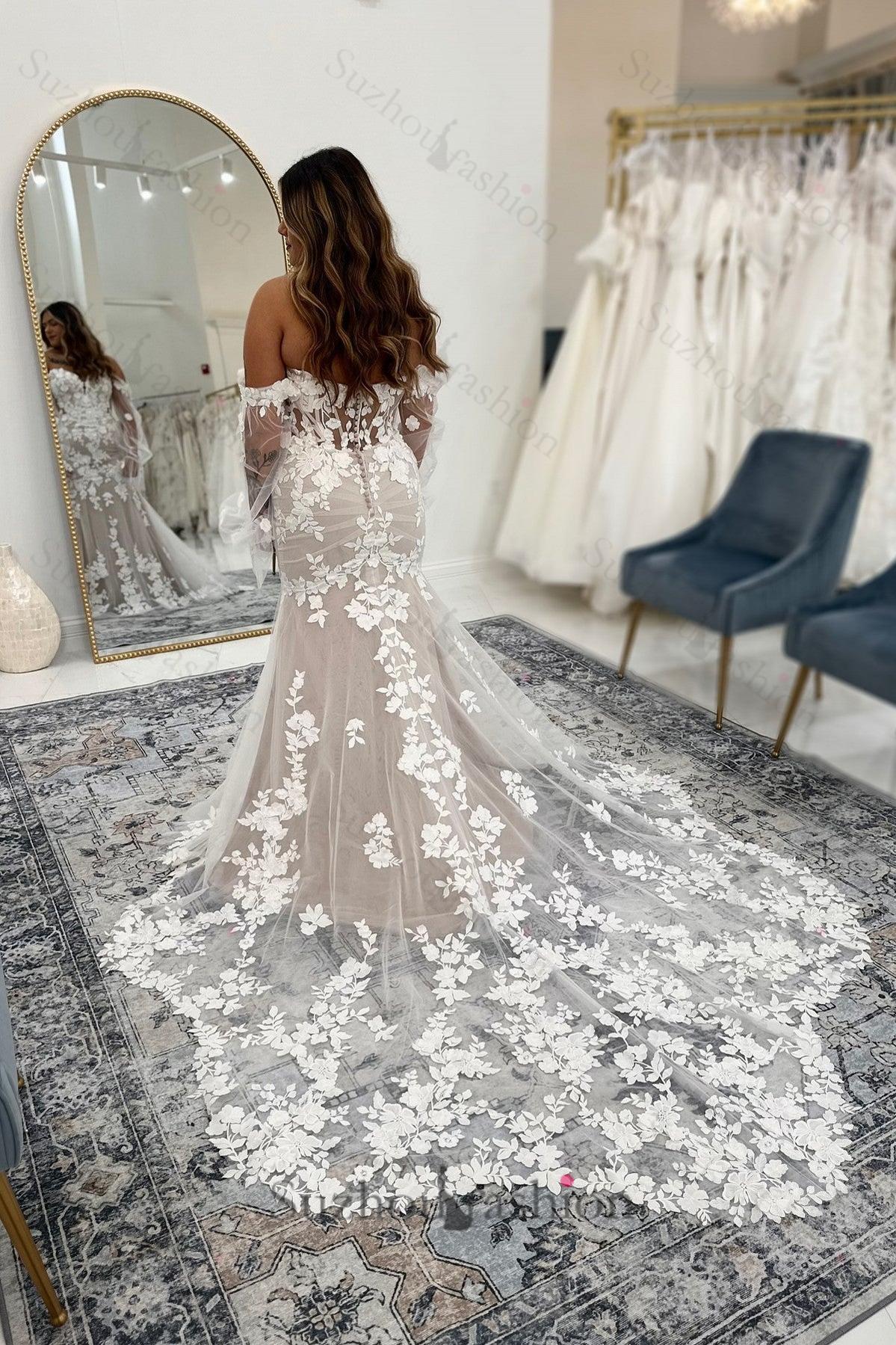White Wedding Dress Lace Mermaid Sweetheart Sleeveless Sweep Train Tulle Bridal Gown With Appliques