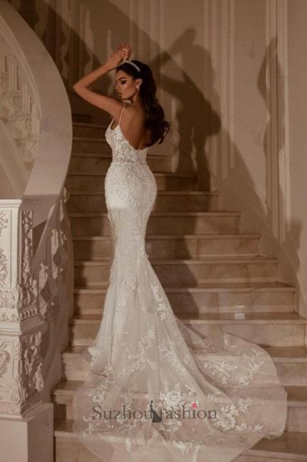 White Wedding Dress Lace Mermaid Sweetheart Spaghetti Strap Long Bridal Gown