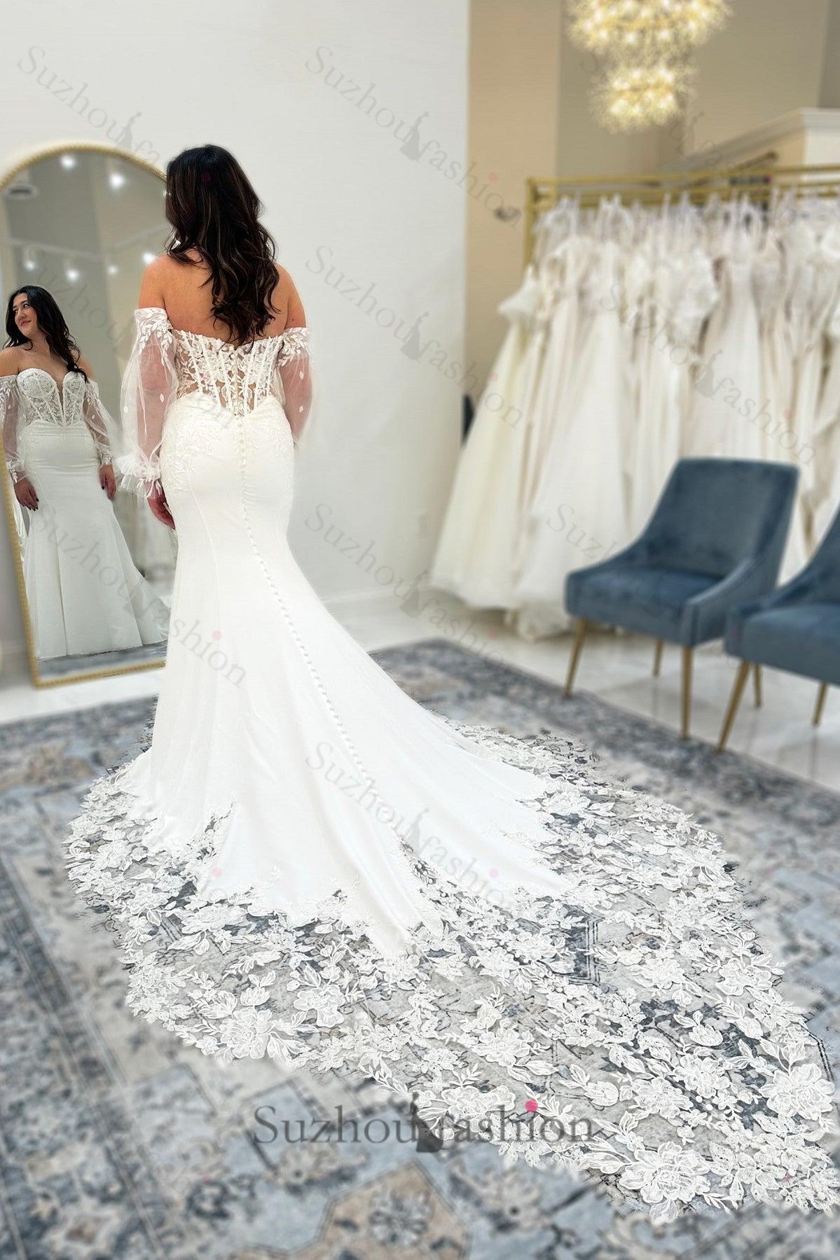 White Wedding Dress Lace Mermaid V Neck Off The Shoulder Long Sleeves Cathedral Train Satin Bridal Gown